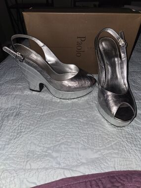 Paolo Metallic Silver Slingback Platform Heels